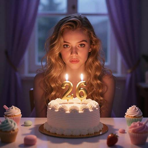 Young Woman Celebrating 26th Birthday with Cake and Cupcakes
