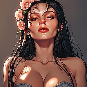 Digital Portrait of a Woman with Pink Roses in Hair