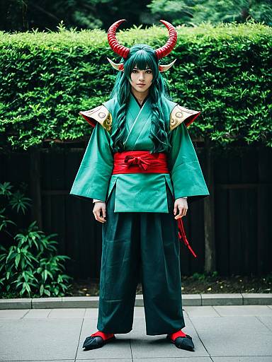 Moroboshi Ataru Cosplay with Red Horns and Traditional Japanese Outfit