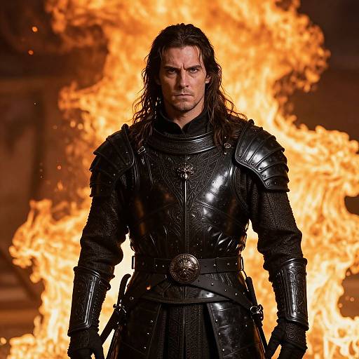 Medieval Warrior in Black Armor with Fiery Background