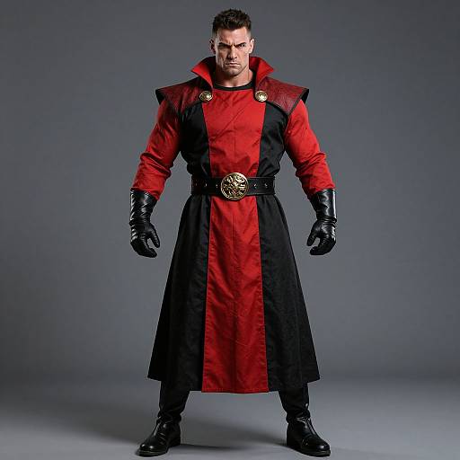Strong Man in Red and Black Fantasy Costume with Leather Gloves