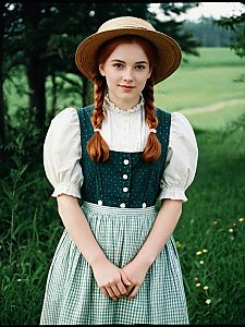 Anne of Green Gables Style Young Woman in Vintage Dress and Straw Hat