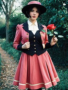 Rose Thomas Cosplay Woman in Vintage Pink Costume Holding Red Rose Outdoors