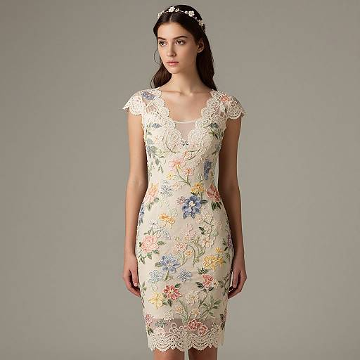 Elegant Floral Embroidered Dress with Lace Details on Woman