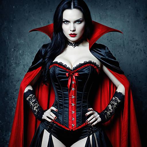 Woman in Black and Red Vampire Corset Costume with Red Cape