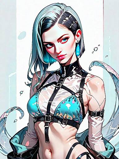 Realistic Anime Style Woman in Metallic Silver Blue Monokini with Harness Straps