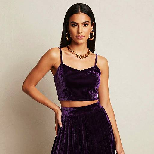 Stylish Woman in Purple Velvet Crop Top and Pleated Skirt Fashion Outfit