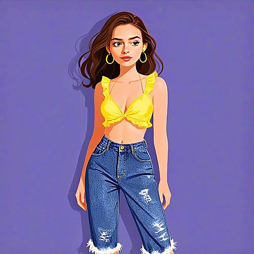Stylish Woman in Yellow Wrap Bikini Top and Distressed Denim Jeans Illustration