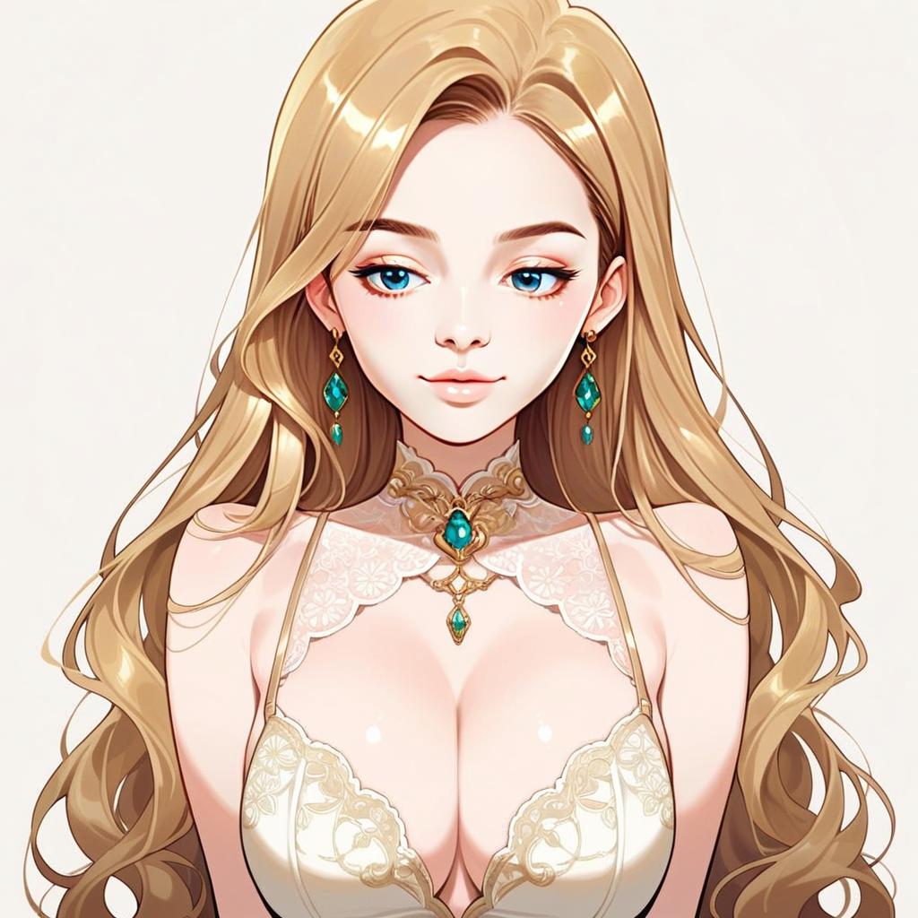 Anime Woman with Blonde Hair and Green Gemstone Jewelry