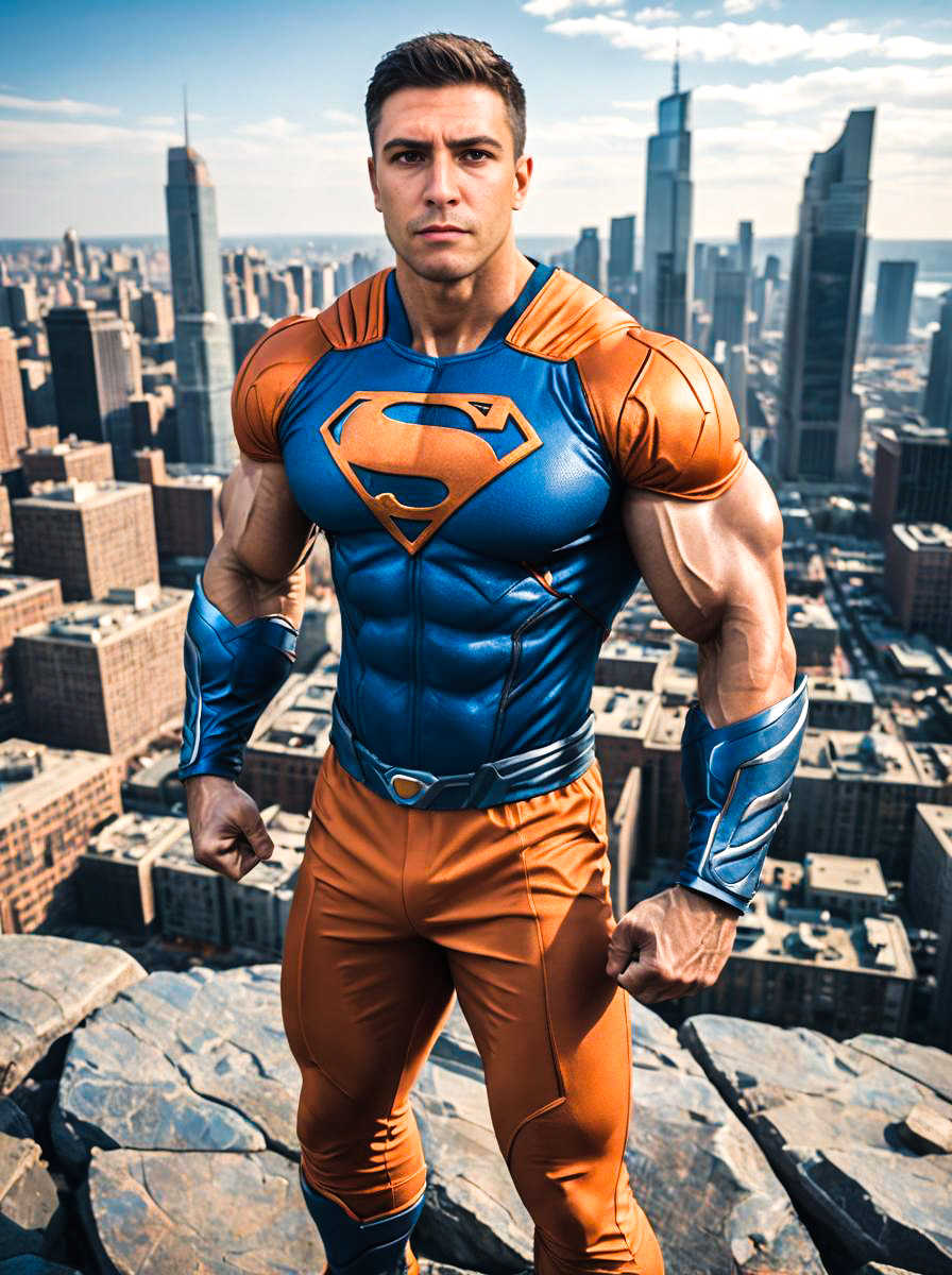 Muscular Superhero in Urban Skyline