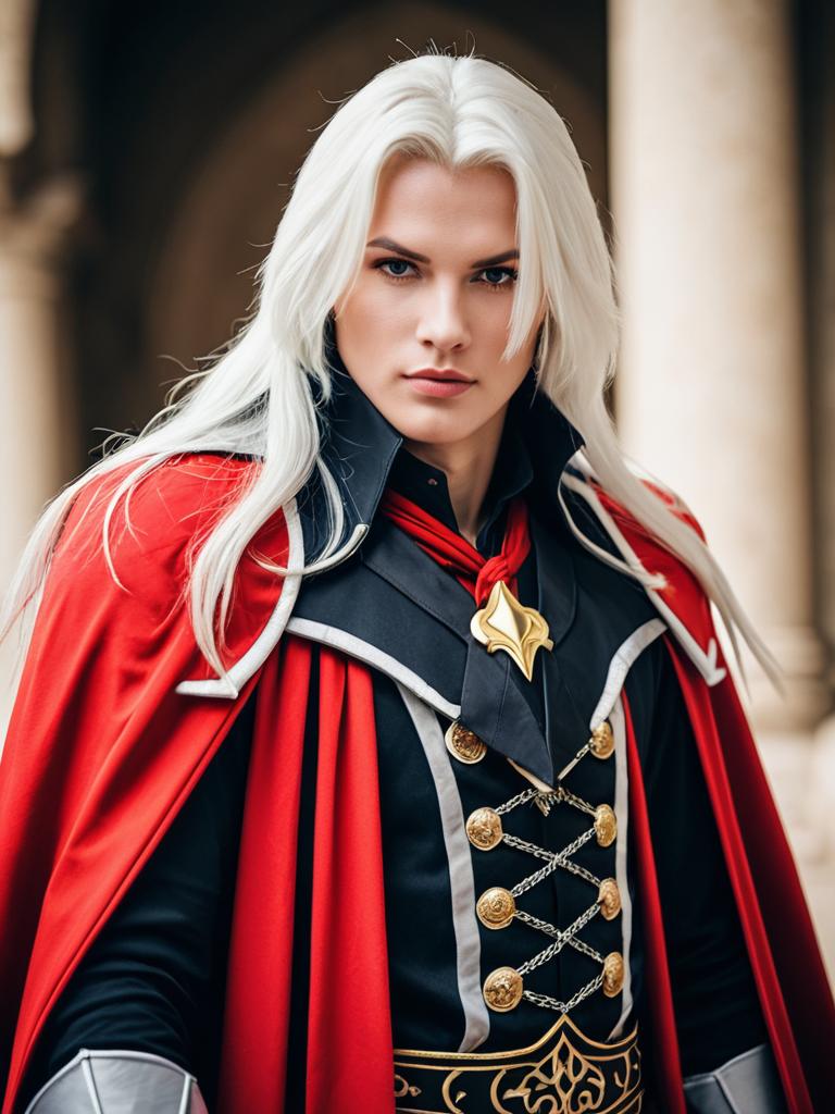 Realistic Alucard Castlevania Cosplay with White Hair and Red Cape