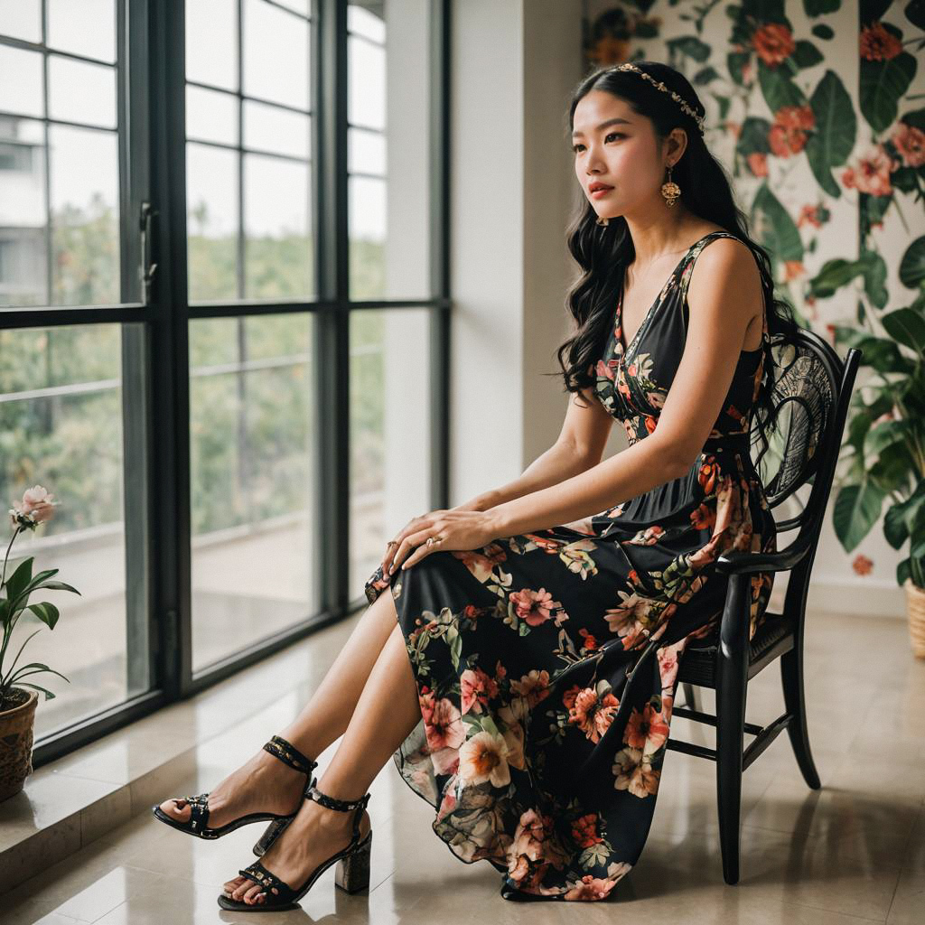 Woman in Floral Dress by Window