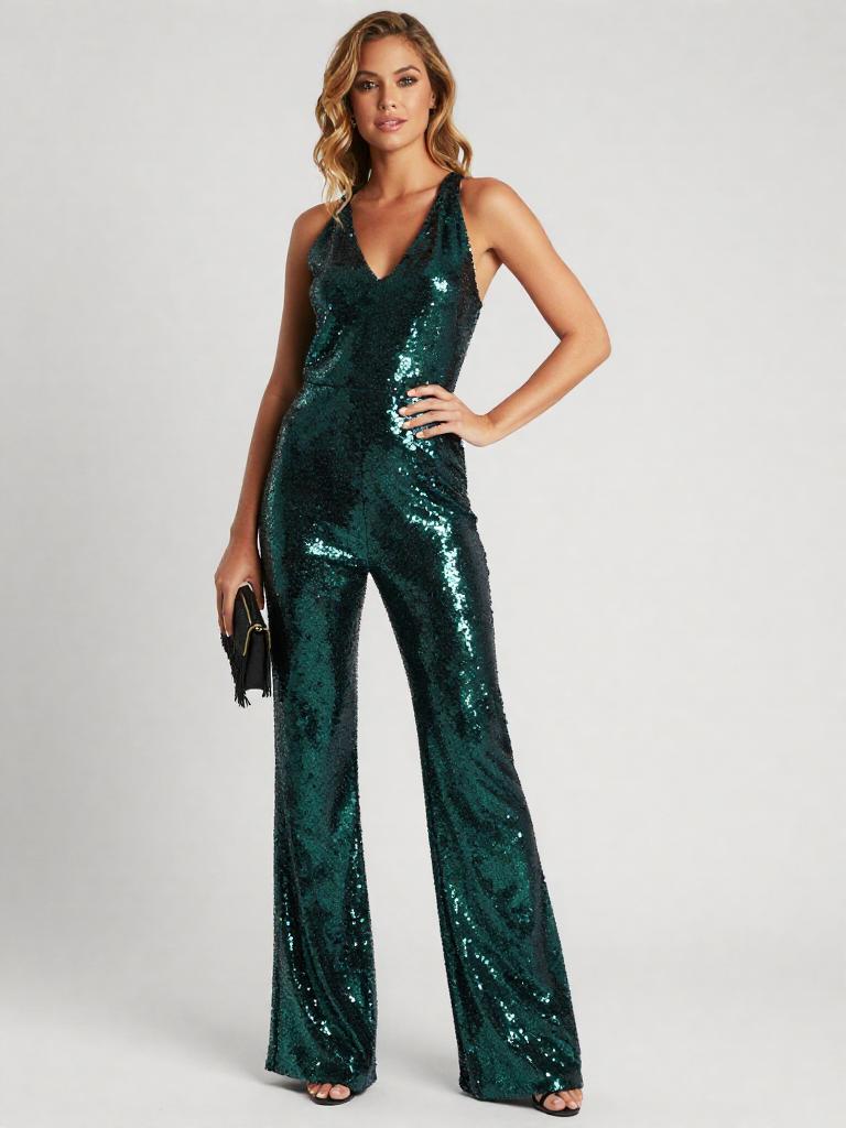 Woman in Elegant Green Sequin Jumpsuit for Evening Wear