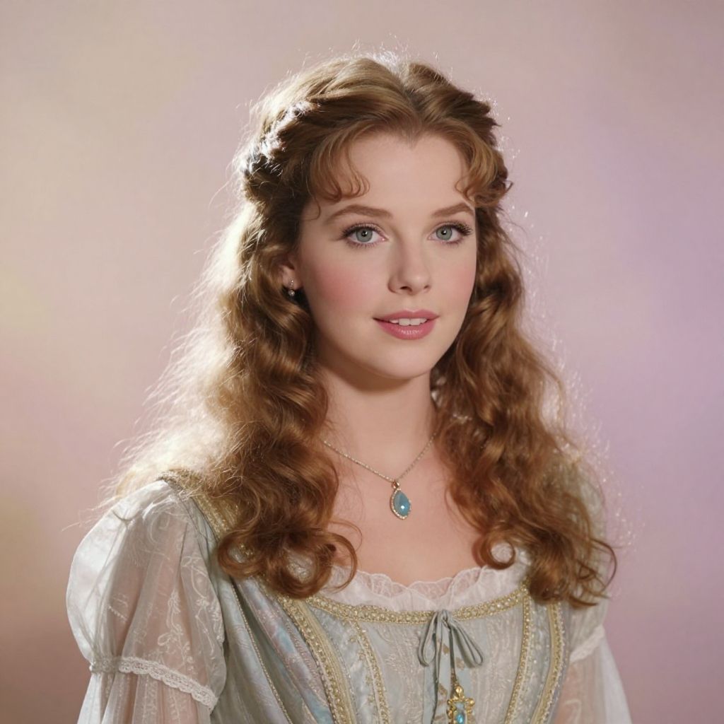 Young Woman in Renaissance-Style Dress with Curls and Pendant Necklace
