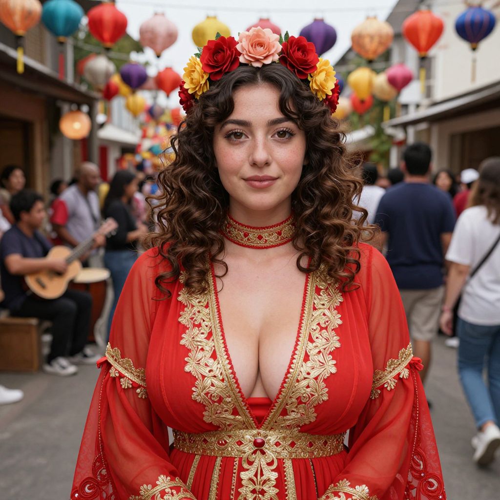 Young Woman in Traditional Red Dress with Floral Headpiece at Festival Street