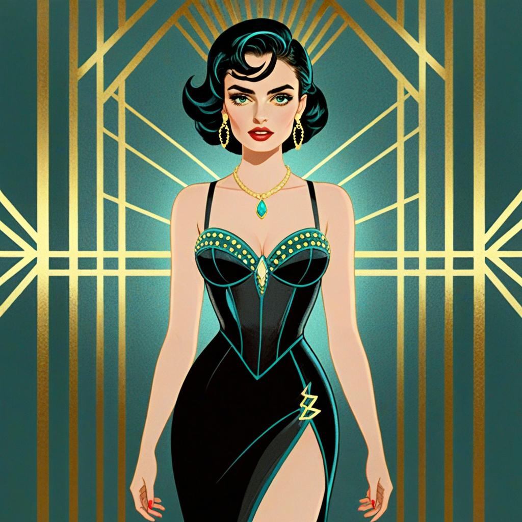 Art Deco Woman in Elegant Black Dress with Jewelry