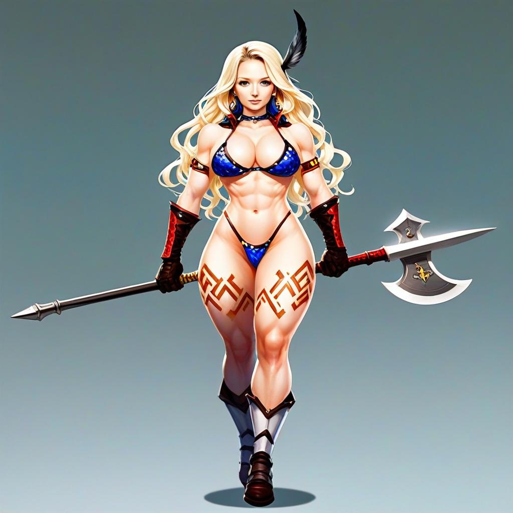 Fantasy Warrior Woman with Battle Axe and Blue Bikini Armor
