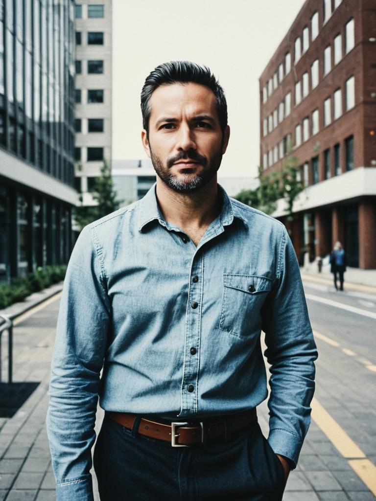 Man in Casual Office Outfit Photorealistic Outdoor Urban Portrait