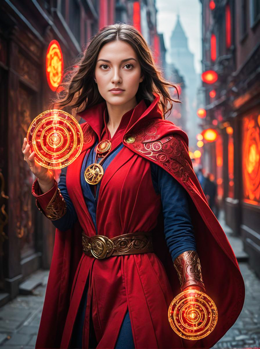 Woman as Doctor Strange with Cape and Orbs