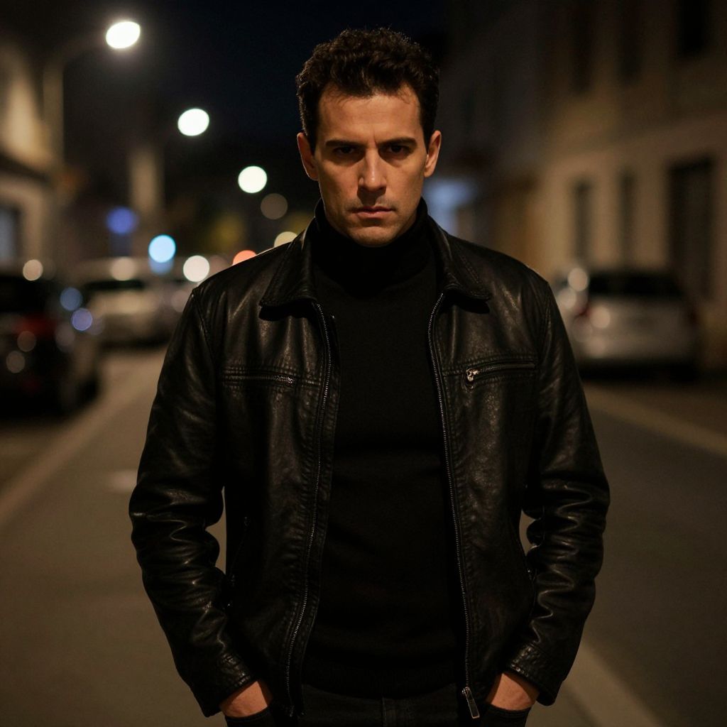Man in Black Leather Jacket on Night Street with Cinematic Lighting