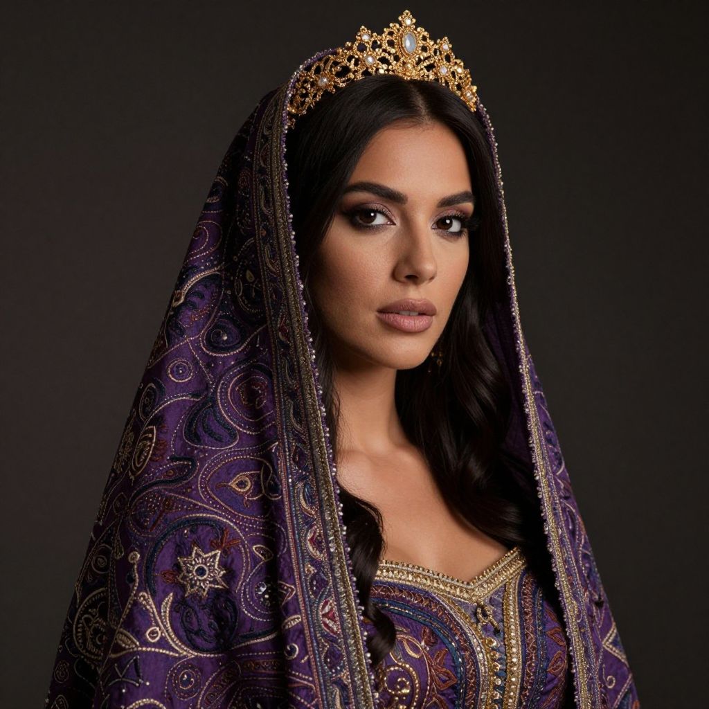 Regal Woman in Embroidered Purple Garment with Golden Tiara