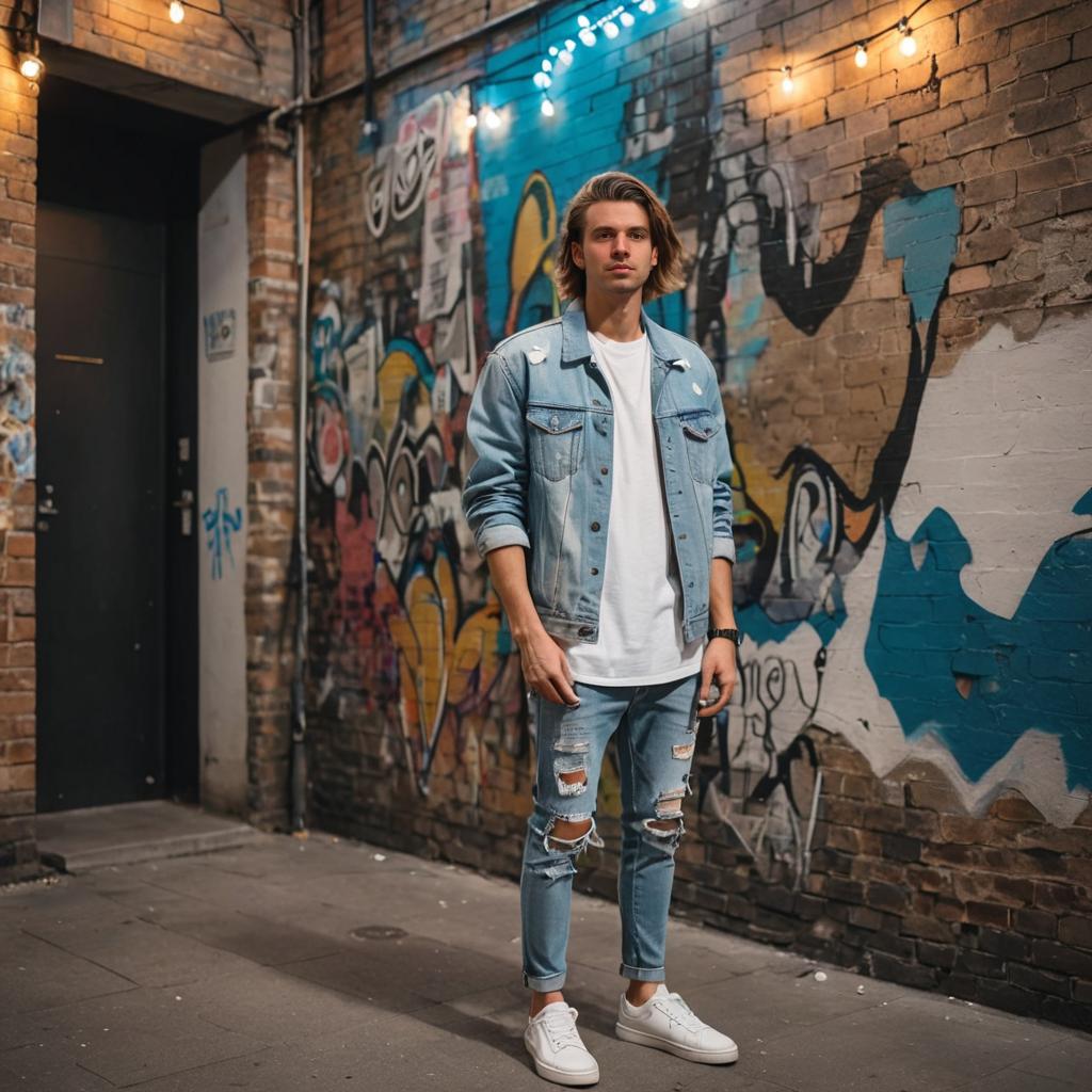 Man in Urban Alleyway with Graffiti Art