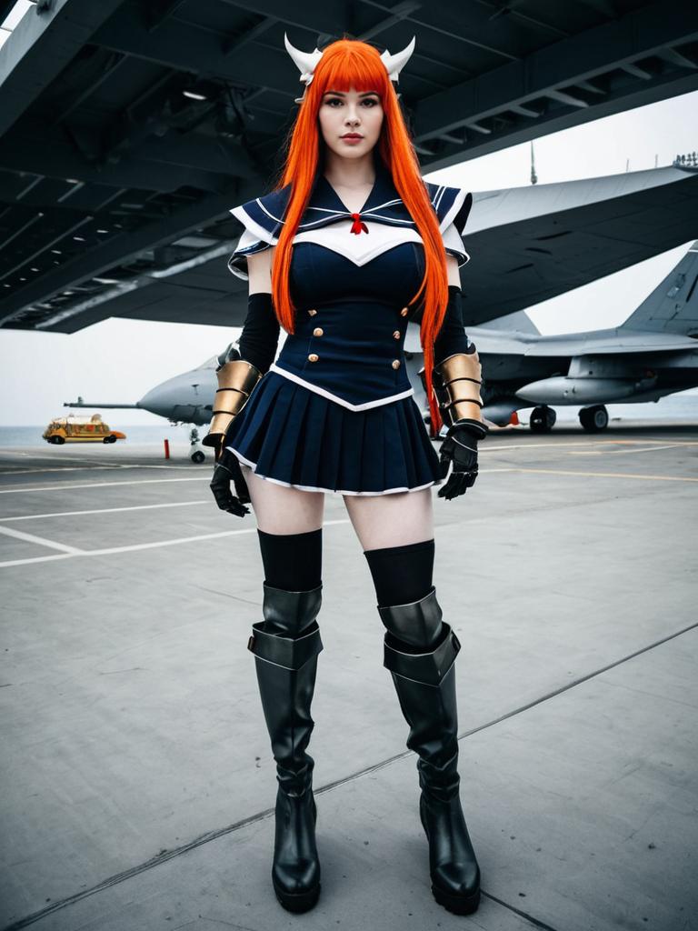 Anime Cosplay Woman on Aircraft Carrier Deck with Fighter Jets