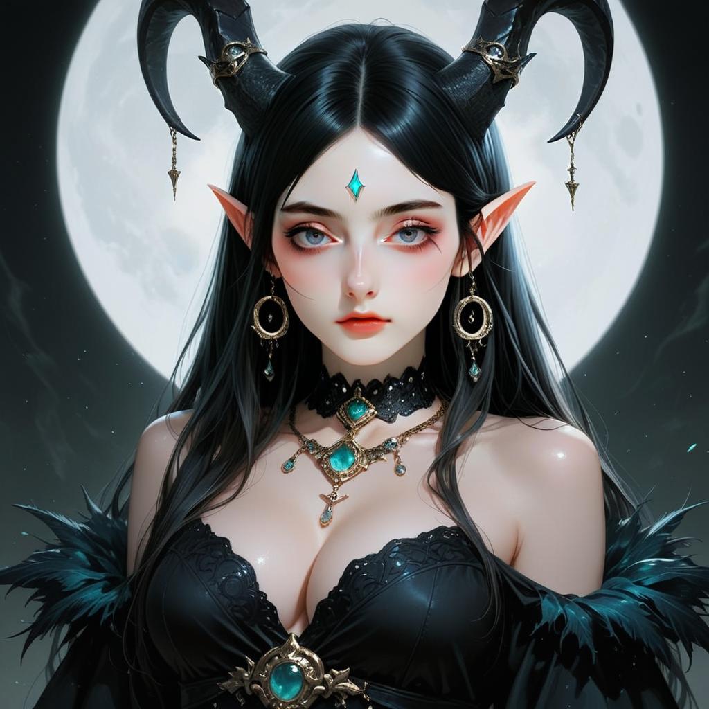 Dark Illustrious Fantasy Woman with Horns and Moon Background