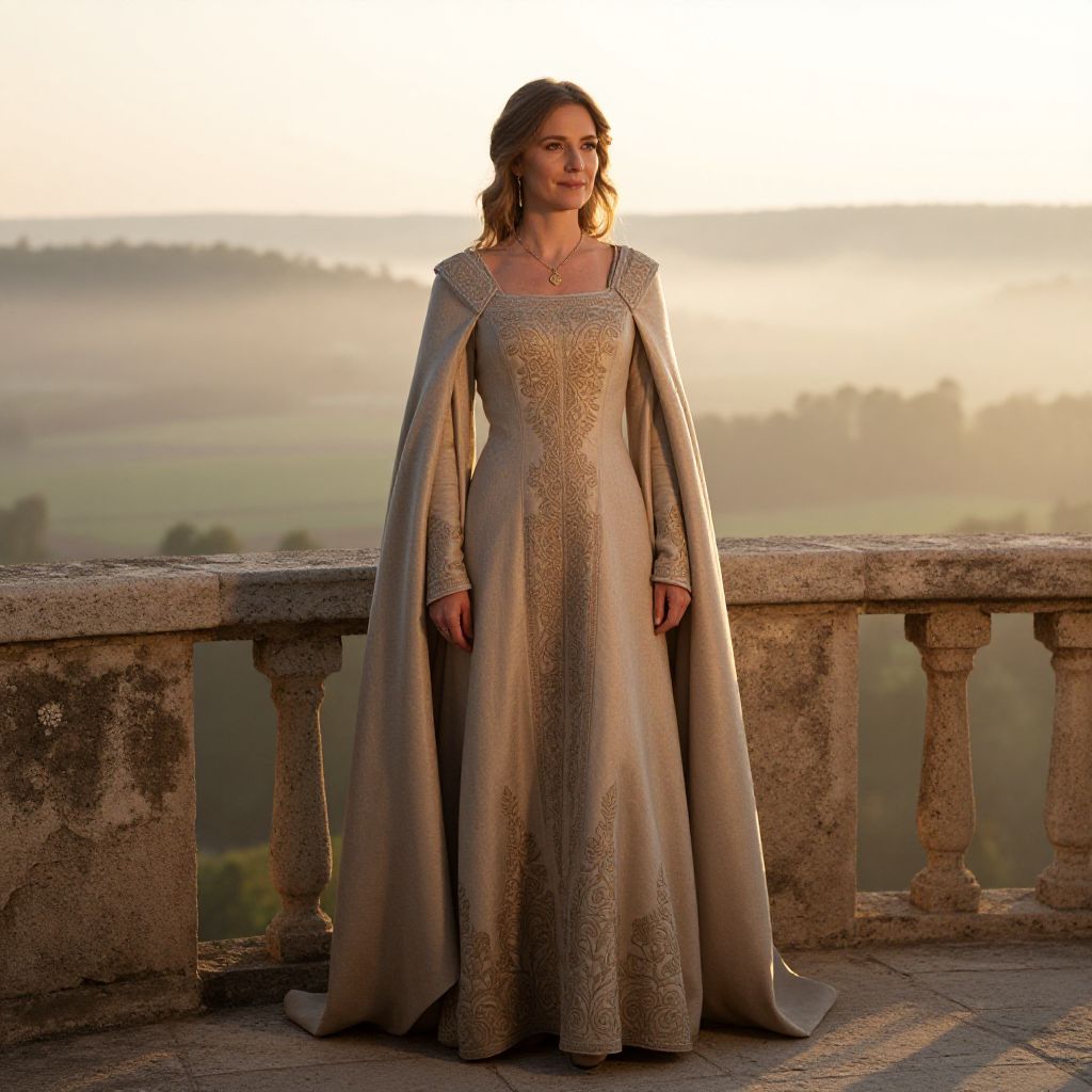 Elegant Woman in Medieval Embroidered Gown on Stone Balcony