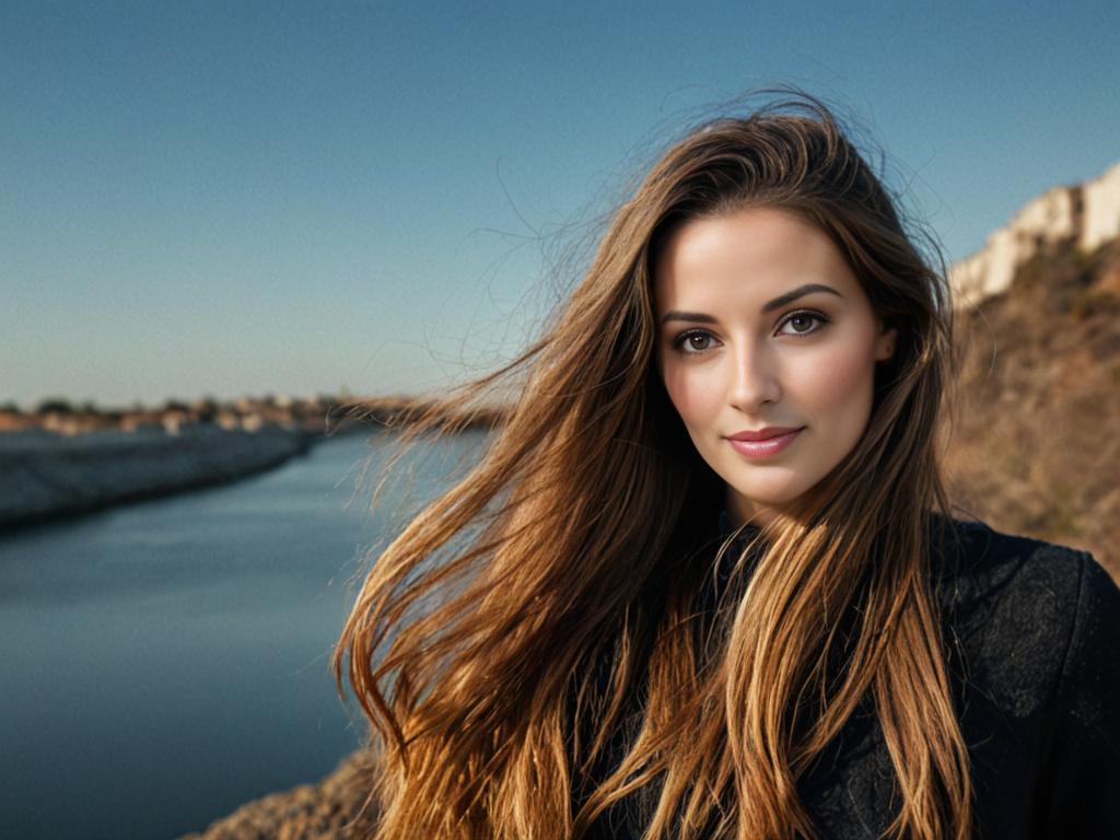 Young Woman by River with Wind-Blown Hair