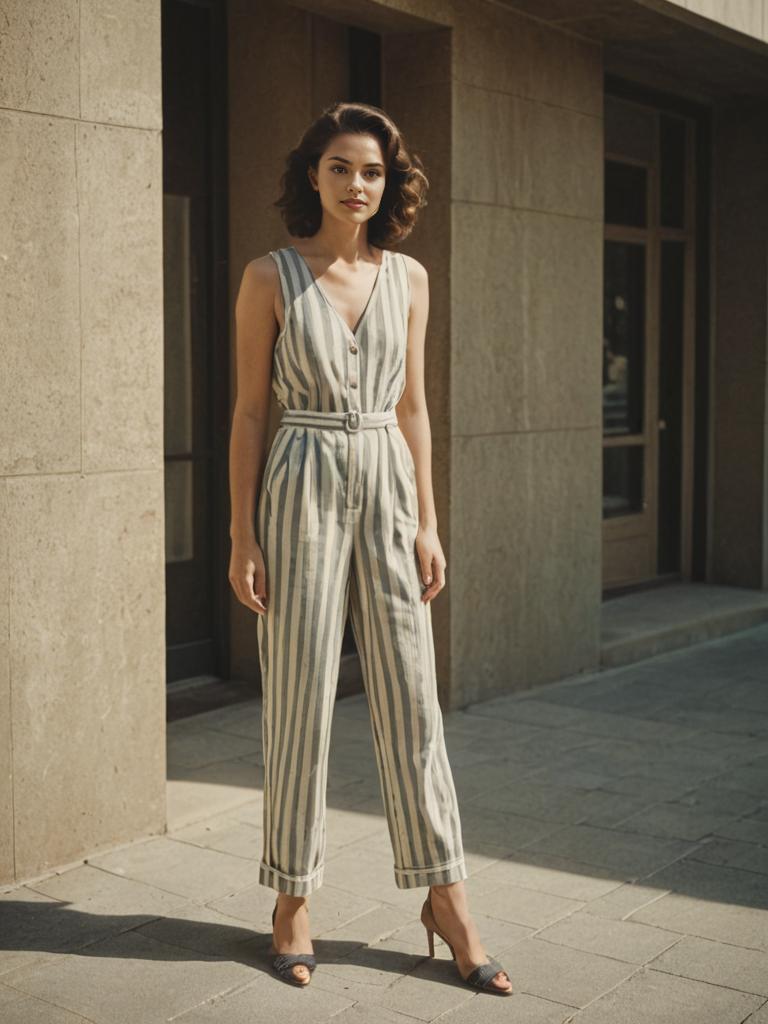 Elegant Woman in Striped Jumpsuit on Sunlit Walkway