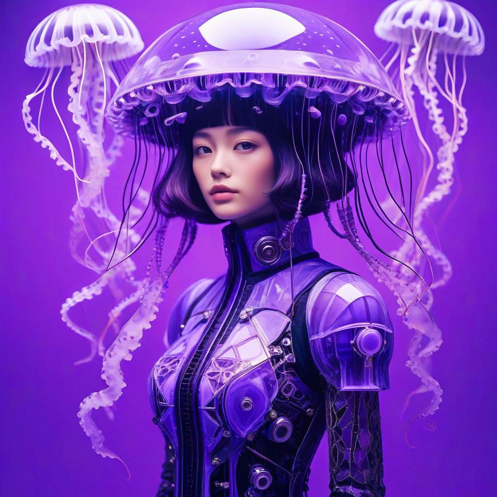 Futuristic Woman in Translucent Bodysuit with Jellyfish Helmet Futuristic Woman in Translucent Bodysuit with Jellyfish Helmet
