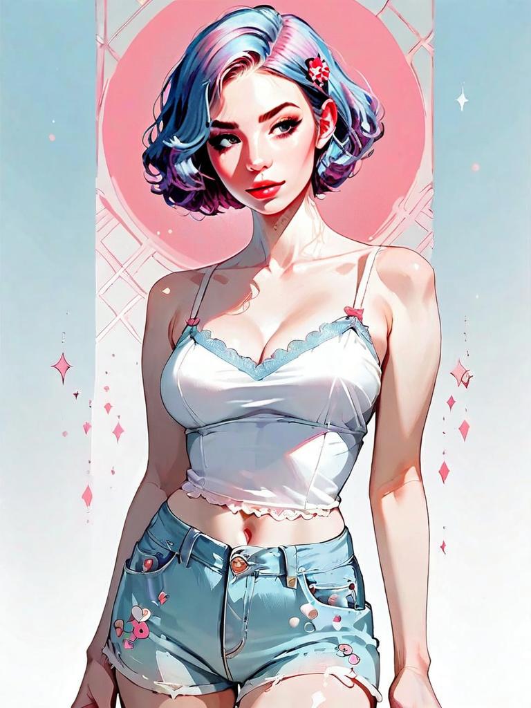 Vintage Inspired Ivory Silk Camisole Woman with Pastel Hair Digital Art