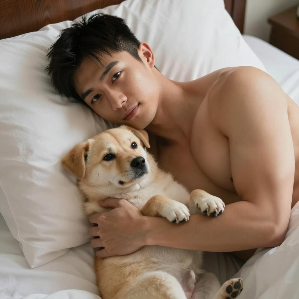 Young Man Hugging Dog in Bed – Relaxed Intimate Moment