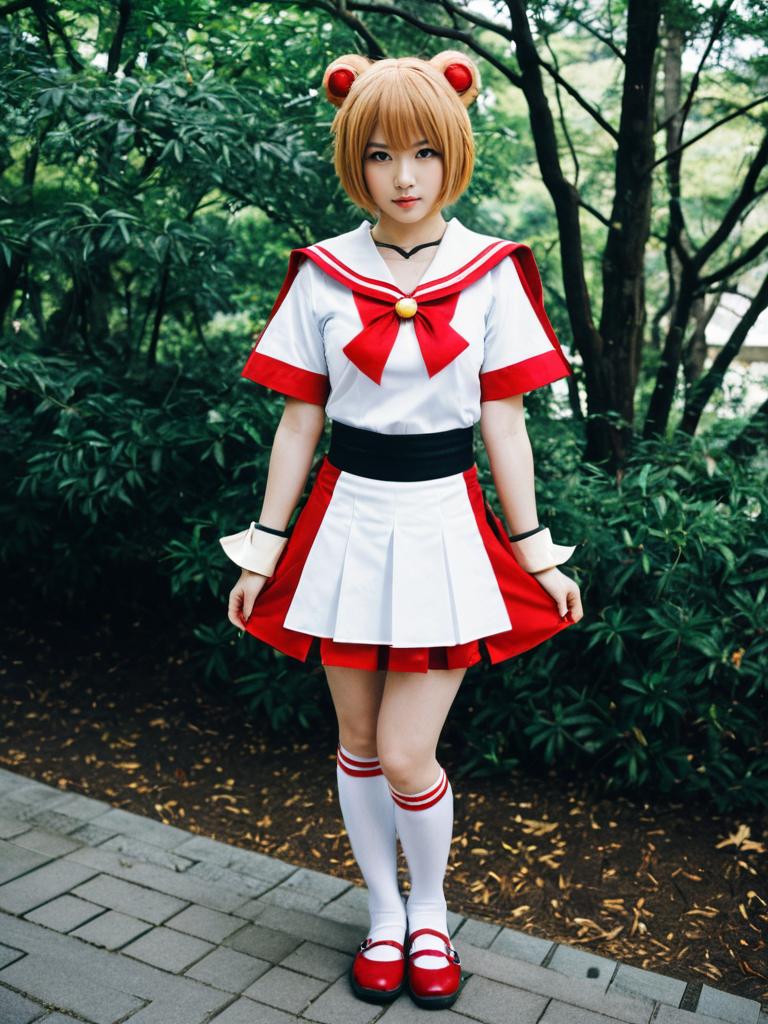 Hanamichi Ran Red and White Sailor School Uniform Cosplay in Outdoor Setting