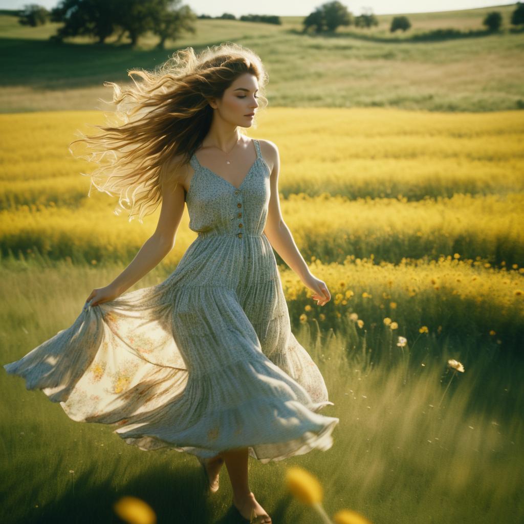 Woman in Flowing Dress in Yellow Flower Field