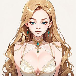 Anime Woman with Blonde Hair and Green Gemstone Jewelry