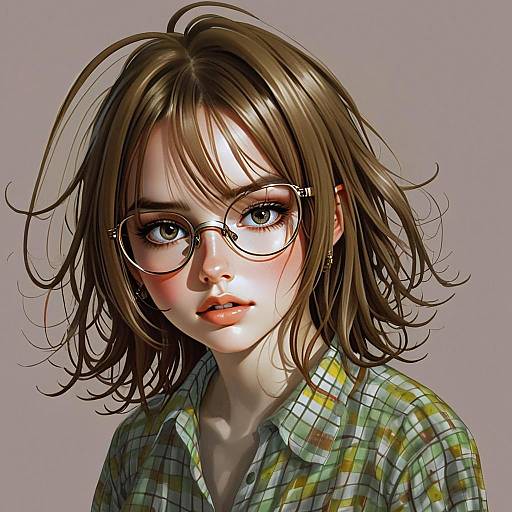 Anime Portrait of Young Woman with Glasses in Plaid Shirt