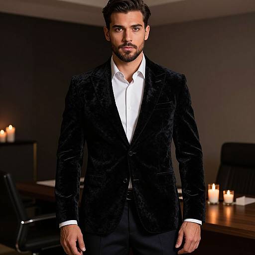 Elegant Man in Black Velvet Blazer with White Shirt in Candlelit Setting