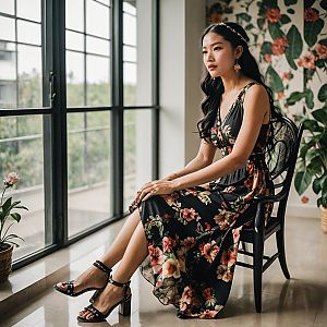 Woman in Floral Dress by Window