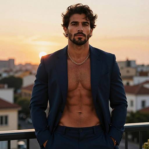 Confident Man in Navy Suit with Gold Chain at Sunset on Rooftop