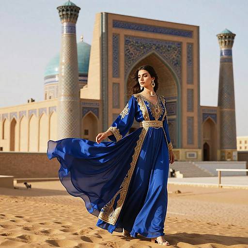 Woman in Royal Blue Traditional Dress by Historic Mosque in Desert
