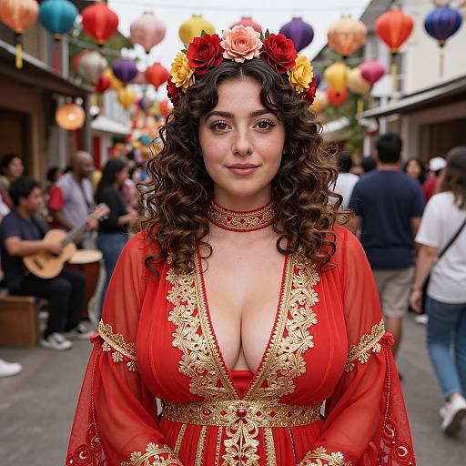 Young Woman in Traditional Red Dress with Floral Headpiece at Festival Street