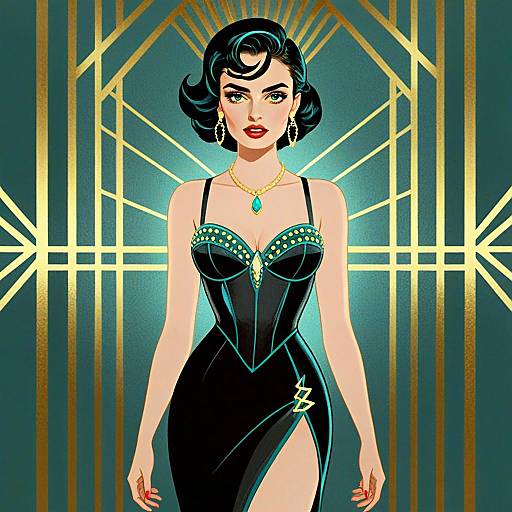 Art Deco Woman in Elegant Black Dress with Jewelry