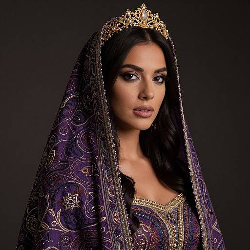 Regal Woman in Embroidered Purple Garment with Golden Tiara