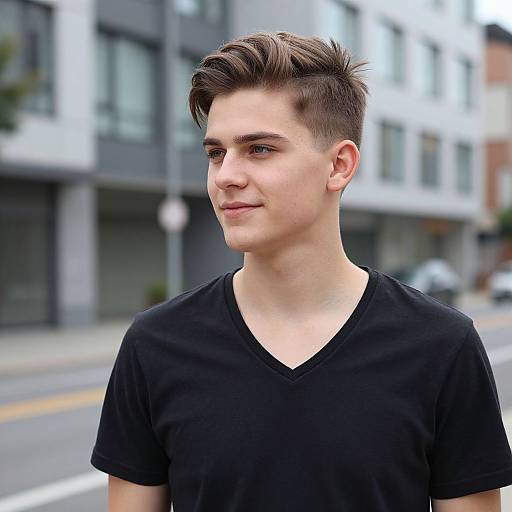 Young Man with Stylish Haircut in Urban Setting Wearing Black V-Neck Shirt