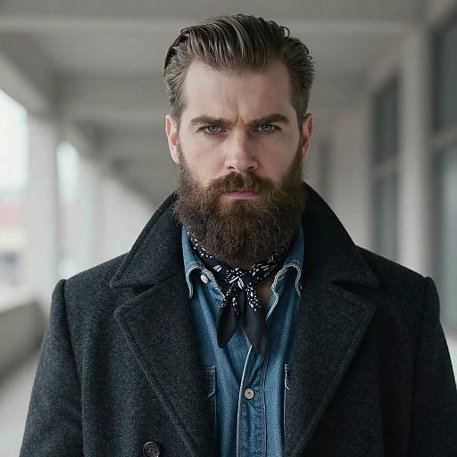 Stylish Bearded Man in Denim Shirt and Dark Overcoat with Neck Scarf