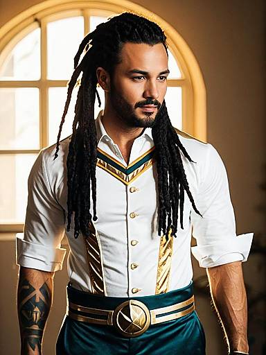 Man Wearing Namor Submariner Costume with Dreadlocks and White Shirt with Gold Details
