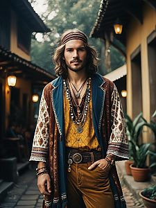 Man in Bohemian Style Outfit with Layered Necklaces in Cinematic Outdoor Setting