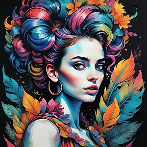 Vibrant Digital Portrait of a Woman with Colorful Hair and Feathers